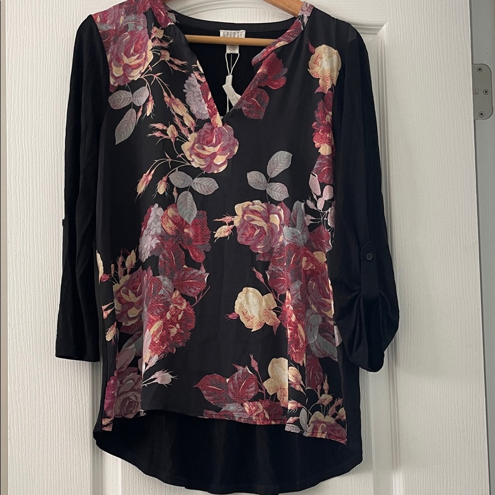 Black Floral V-Neck blouse with Pink and Cream Roses by Spense size M